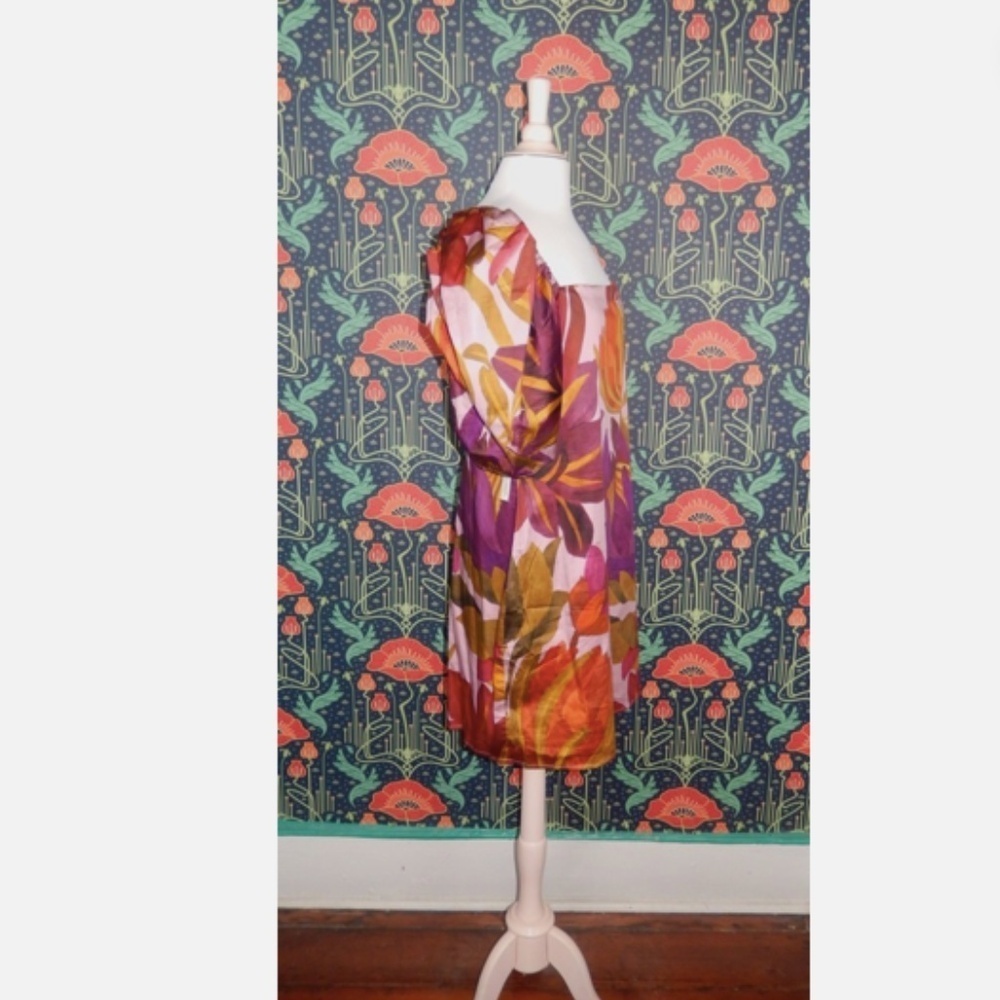 Farm Rio Anthropologie Puff Sleeve Square Neck Purple Green Mini Dress XL Nwt - Picture 8 of 9